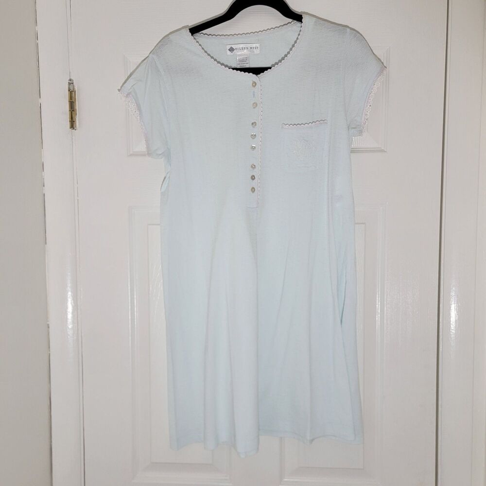 Eileen West Cotton Knit Nightshirt Short‎ Nightgown Short Sleeve Logo Pocket S